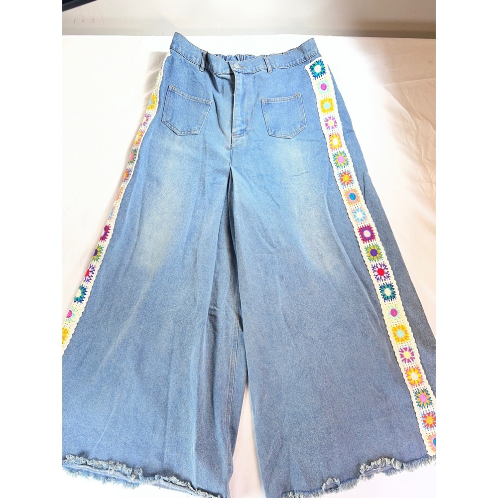 Davi & Dani Womens Wide Leg Crochet Floral Trim Jeans Festival Boho Size L